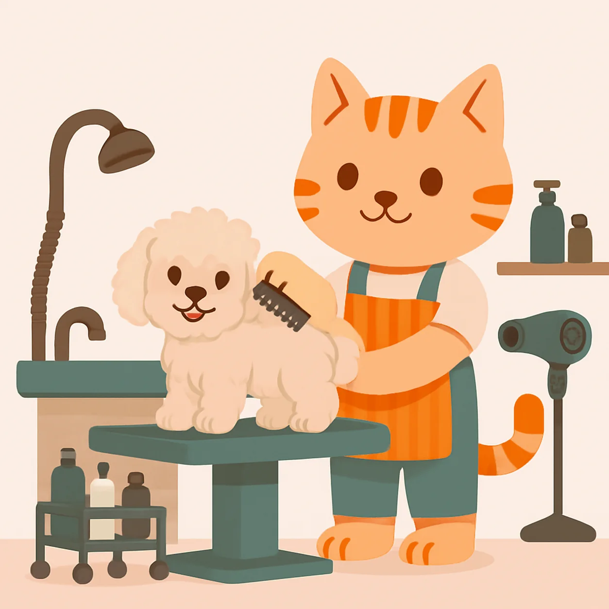 Benli trabajando en un negocio de estéticas para mascotas